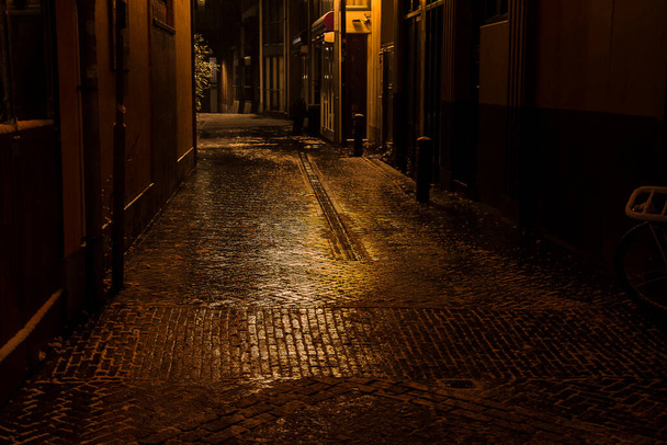 foto nocturna de una calle de vocales mojadas en un día lluvioso en otoño - Foto, imagen