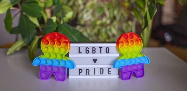 Dvě neposedné postavy s barevnou duhovou vlajkou lgbtq, koncepce homosexuální hrdosti - Fotografie, Obrázek