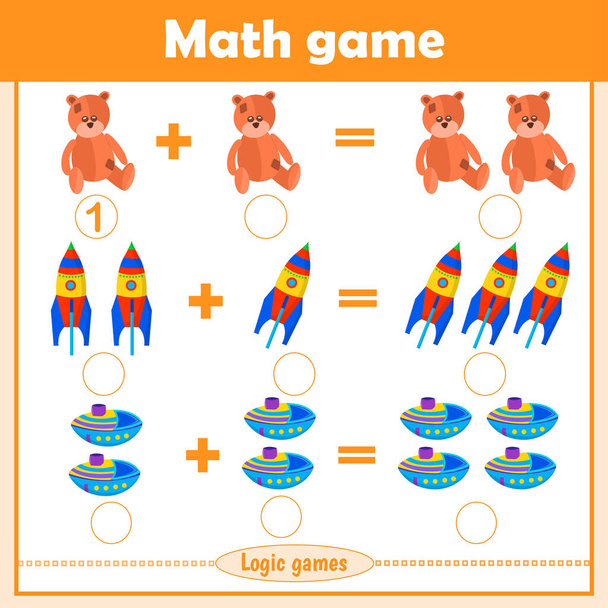 Lösen Sie mathematische Beispiele für Addition. Lernspiel für Kinder. Faltspielzeug: Bär, Rakete, Schiff - Vektor, Bild