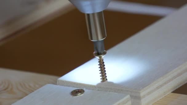 Die Schraubpistole schraubte Schrauben oder selbstschneidende Schrauben in eine Holzplatte. Zimmermannsberuf - Filmmaterial, Video