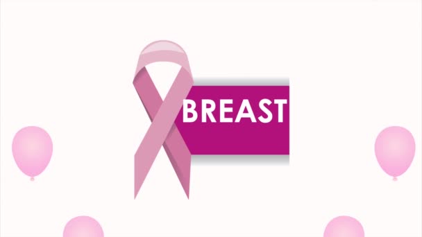 breast cancer awareness animation with ribbon and balloons helium - Footage, Video