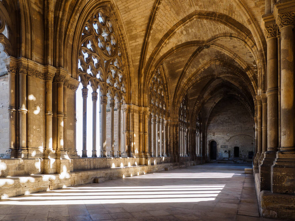 Indoor cloister in the Cathedral of Saint Mary of La Seu Vella, in Lleida, Catalonia, Spain. Covered gallery. - Фото, зображення