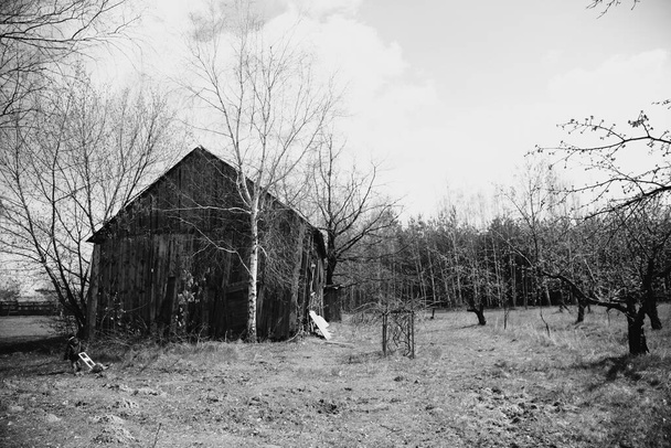Egy öreg faistálló a lengyel vidéken Fekete-fehér - Fotó, kép