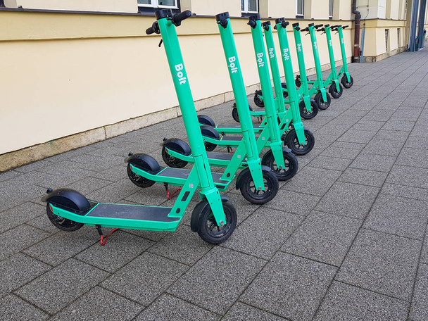 Varazdin, Croatia - 14/05/2021 - Bolt e-scooters parked. Ready for rent. - 写真・画像