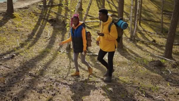 Dois caminhantes de viagem afro-americanos com mochila andando enquanto olham a paisagem na floresta. Casal negro homem e mulher tomando celular viagem explorando florestas selvagens natureza em equipe - Filmagem, Vídeo