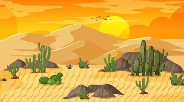 Пустельний лісовий пейзаж на сцені заходу сонця з ілюстрацією оазису
 - Вектор, зображення
