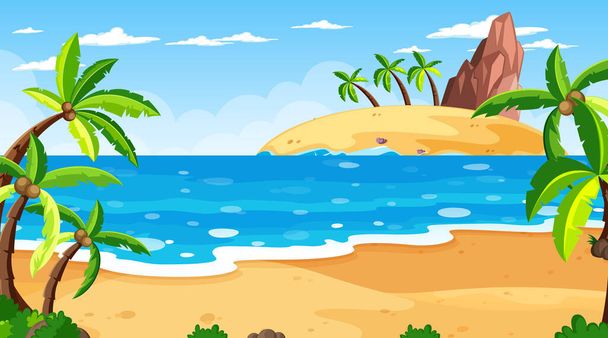 Tropische Strandszene mit vielen Palmen zur Tageszeit Illustration - Vektor, Bild