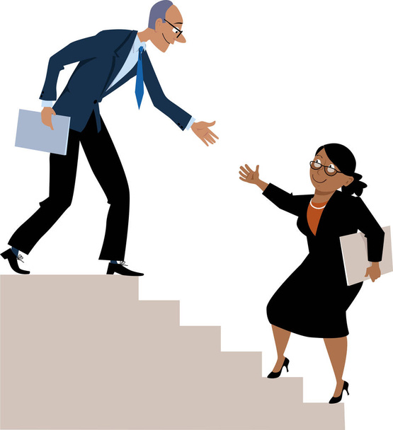 Homem sênior ajudando uma mulher negra madura a subir a escada da carreira, ilustração vetorial EPS 8  - Vetor, Imagem