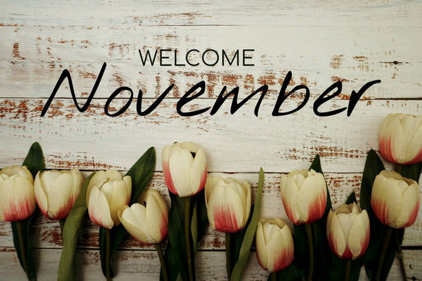 Welcome November text and tulip flower decoration on wooden background - Fotoğraf, Görsel