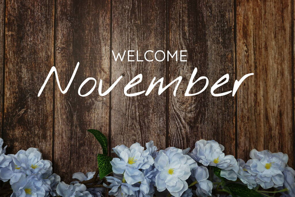 Welcome November text and blue flower decoration on - Foto, afbeelding