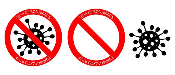 コロナウイルスアイコンのセットに赤の禁止記号が付いています。感染なしとコロナウイルスの概念を停止します。白地に隔離されたベクトル. - ベクター画像