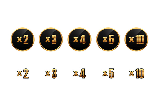 Gold bonus numbers on round boards. Set of gold multiplied numbers for the game. Vector isolated on white background. - Vector, Image
