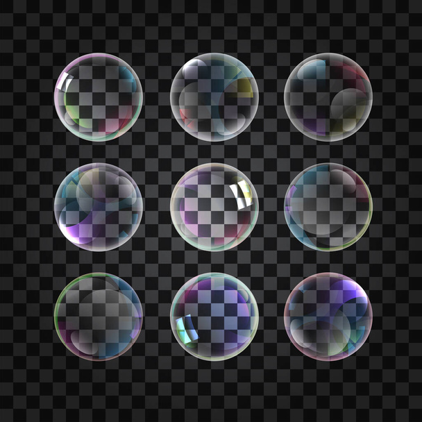 collectie van kleurrijke doorschijnende transparante realistische vloeibare zeepbellen. geïsoleerde illustratie. - Vector, afbeelding