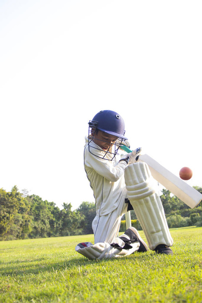 Young boy batting in protective gear during a cricket - Photo, Image