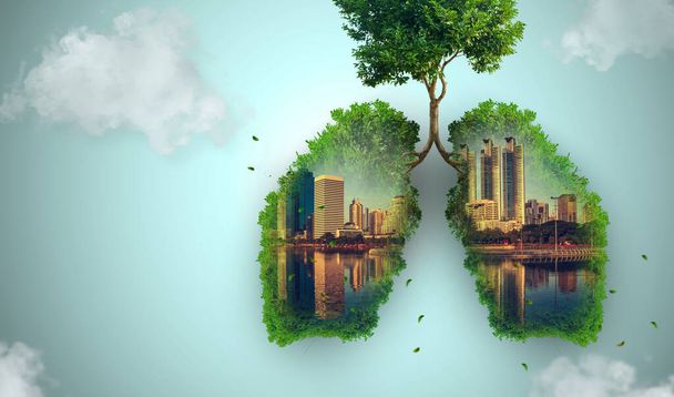 Ciudad de doble exposición con árbol en forma de pulmón, concepto de aire fresco - Foto, imagen