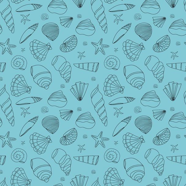 Seamless pattern from seashells in a contour on a blue background. Doodle illustration. Vector background. Wallpaper or background. - Vektor, Bild