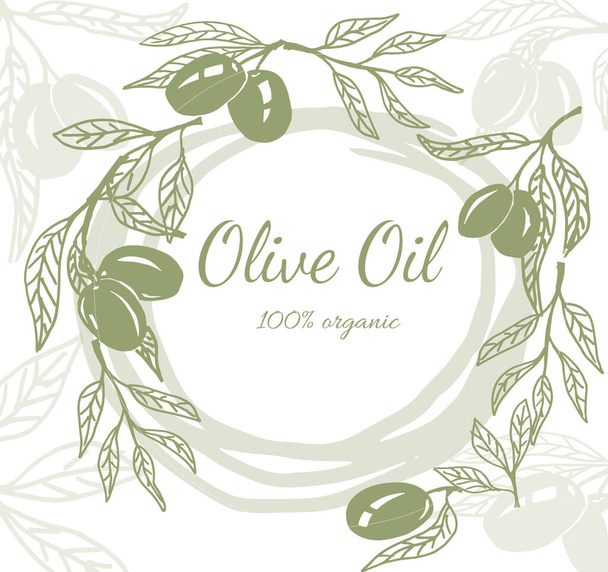 Hand drawn vector illustration templates for olive oil packaging. Olives arrangements with olive branches. Hand drawn Illustration in vector. - Vector, Image