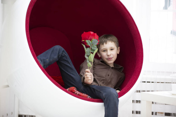 Ένα όμορφο αγόρι σε μια κόκκινη πολυθρόνα κρατά ένα τριαντάφυλλο. Συγχαρητήρια από το παιδί.. - Φωτογραφία, εικόνα