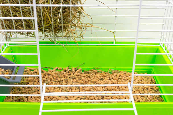 Großer Käfig für Haustiere mit grünem Tablett für Späne, Sägemehl, Futter, Heu und Heu. Haustiere in Käfigen halten. Seitenansicht. - Foto, Bild