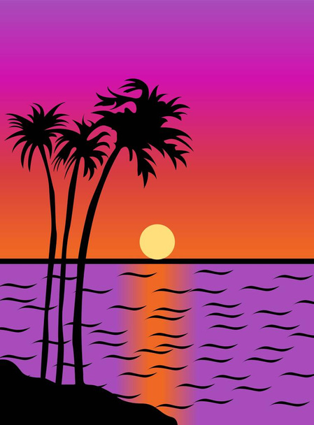 Belle nature dessin du coucher de soleil avec rivière et palmiers - art vectoriel - Vecteur, image