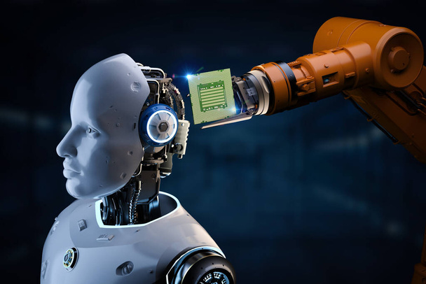 3d renderizado robot de inteligencia artificial o cyborg con chipset para tecnología de semiconductores - Foto, imagen
