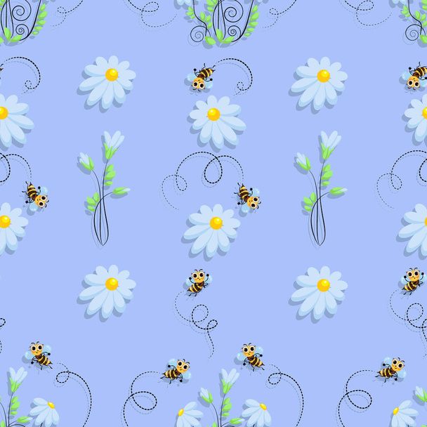 Abelhas. Fundo vetorial. Um enxame de abelhas num prado de camomila. Prado de abelhas. Personagem de desenho animado bonito. Padrão sem costura. Design para tecidos infantis. Ilustração vetorial - Vetor, Imagem