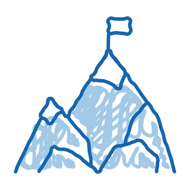 Mountain With Flag On Peak Alpinism Skizze Symbol-Vektor. Handgezeichnete blaue Doodle-Linie Kunst isoliert Symbol Illustration - Vektor, Bild