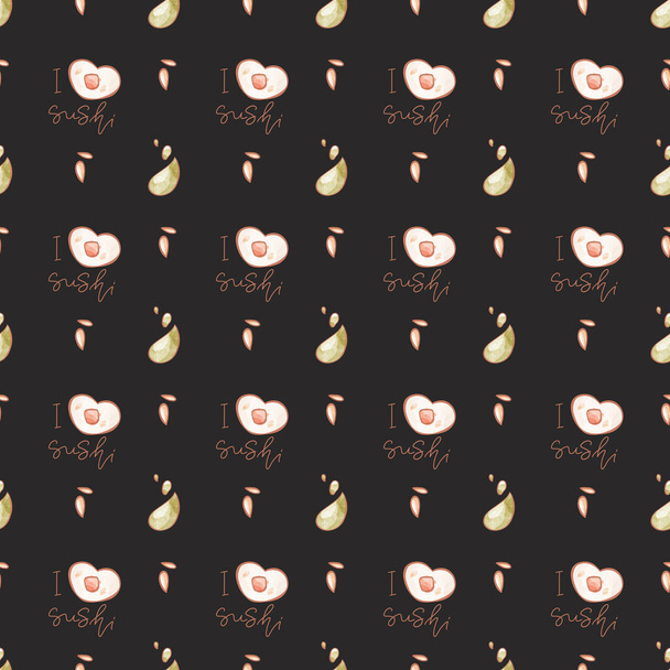 Padrão de sushi quadrado sem costura asiático isolado de alimentos no fundo preto. Arte digital. Impressão para café, menu, embalagem de produtos, marca, restaurante, bar, têxteis - Foto, Imagem