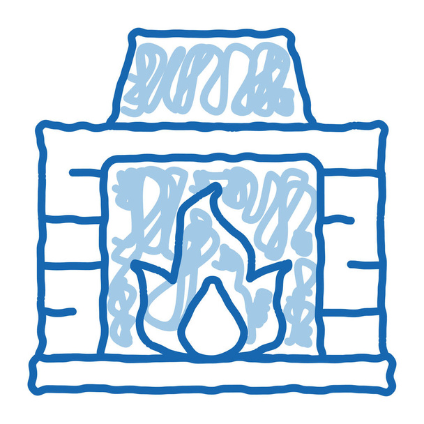 Chimenea con fuego fuego equipo de calefacción bosquejo icono vector. Dibujado a mano azul garabato línea arte símbolo aislado ilustración - Vector, imagen