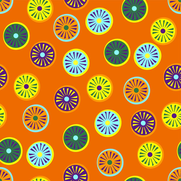 Jasné, veselý vektor opakovat abstraktní vzor s kruhy a tvary ve žluté, zelené, modré a fialové na pulzující oranžové pozadí - Vektor, obrázek