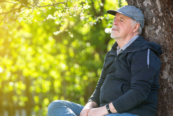 Retrato de un hombre mayor al aire libre, sentado en un banco en un parque, optimismo, buena salud, expresión, jubilación o concepto de pensión - Foto, Imagen