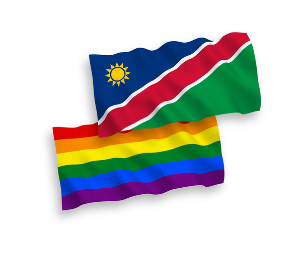 Bandiere nazionali in tessuto vettoriale della Repubblica di Namibia e orgoglio gay arcobaleno isolato su sfondo bianco. 1 a 2 proporzione. - Vettoriali, immagini