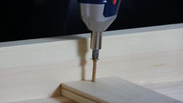 Die Schraubpistole schraubte Schrauben oder selbstschneidende Schrauben in eine Holzplatte. Zimmermannsberuf - Filmmaterial, Video