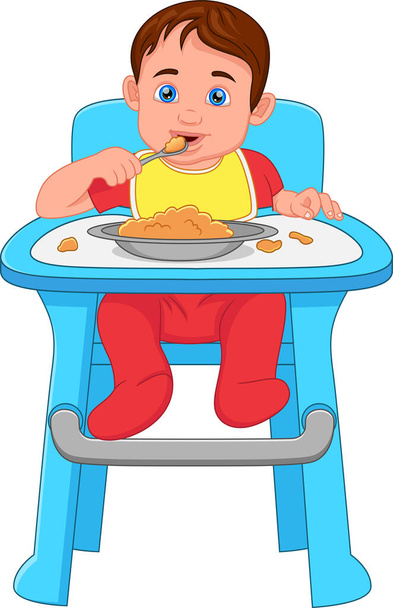 aranyos kisfiú eszik egy széken - Vektor, kép