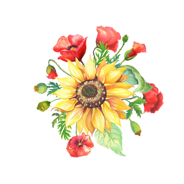 Yellow Sunflowers composition with red poppy, green leaves. Arrangement of Helianthus - Φωτογραφία, εικόνα