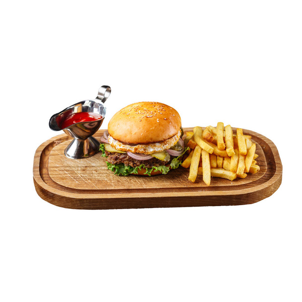 Odizolowany zestaw hamburgerów z frytkami i ketchupem - Zdjęcie, obraz
