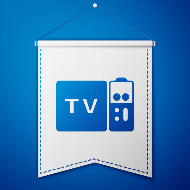 Blue Multimedia e TV Box ricevitore e lettore con icona del telecomando isolato su sfondo blu. Modello di pennant bianco. Vettore. - Vettoriali, immagini