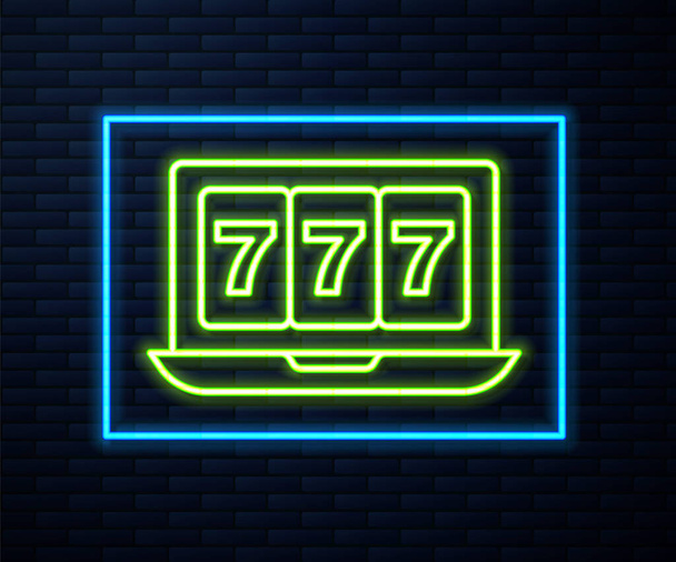 Leuchtende Neon Line Online-Spielautomat mit glücklichen sieben Jackpot-Symbol isoliert auf Backsteinwand Hintergrund. Online-Casino. Vektor. - Vektor, Bild