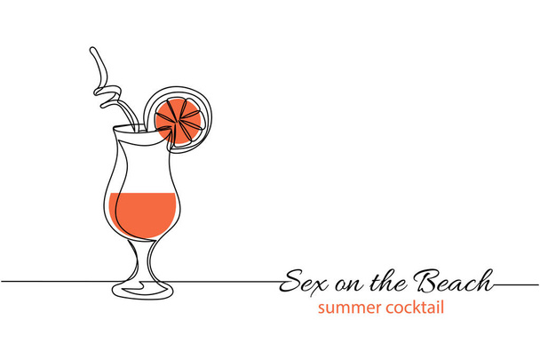 Una linea continua di vetro di sesso sulla spiaggia alcool cocktail tropicale in silhouette. Lineare stilizzato. Minimalista. Concetto estivo - Vettoriali, immagini