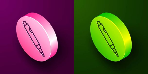 Icono de lápiz marcador de línea isométrica aislado sobre fondo púrpura y verde. Botón de círculo. Vector. - Vector, Imagen