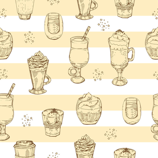 Nahtlose Muster Kaffee Getränke und Desserts auf linearen Hintergrund. Vektorillustration. - Vektor, Bild