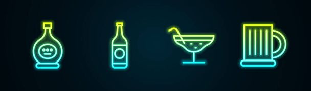 Bir şişe konyak, konyak, bira şişesi, kokteyl ve tahta bira kupası. Parlayan neon ikonu. Vektör - Vektör, Görsel