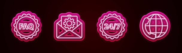 Satır Etiketini metin SSS, Zarf ayarı, Saat 24 saat ve Telefon desteği ile ayarla. Parlayan neon ikonu. Vektör - Vektör, Görsel