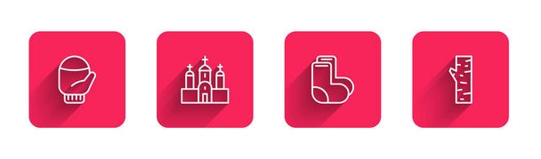 Set line Christmas mitten, Church building, Valenki and Birch tree with long shadow. Red square button. Vector - Vector, Image