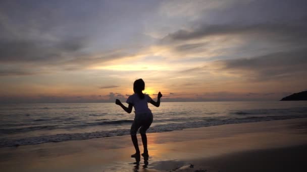 Silueta de la joven saltando en la playa y levantando las manos en la playa al atardecer Increíble luz al atardecer o al amanecer cielo Niña feliz y relajarse viendo el mar en cámara lenta - Metraje, vídeo