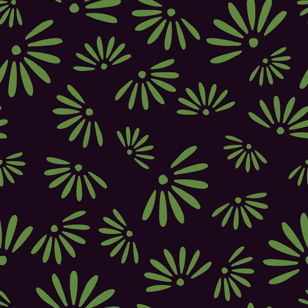 緑のデイジーの花のシルエットのプリントとランダムなシームレスパターン。暗い背景。ブルームプリント。テキスタイル、ファブリック、ギフトラップ、壁紙のためのフラットベクトルプリント。エンドレスイラスト. - ベクター画像