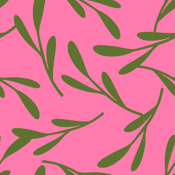 Abstract decorative seamless pattern with green leaf branches silhouettes. Pink background. Vector illustration for seasonal textile prints, fabric, banners, backdrops and wallpapers. - Vector, Image