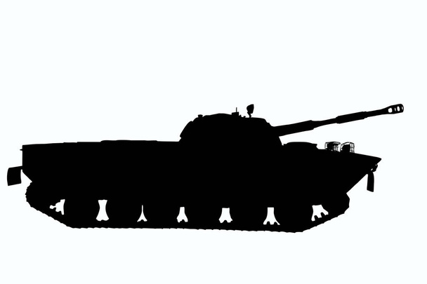 Illustration der Kontur eines sowjetischen Panzers im Detail im Profil auf weißem Hintergrund zum Ausschneiden. Seitenansicht - Foto, Bild