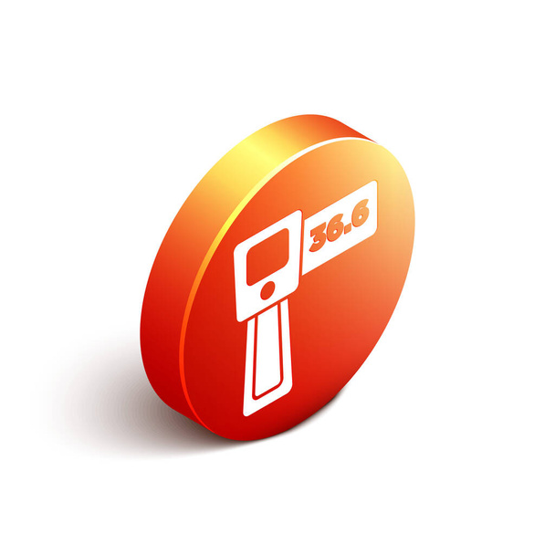 Isometrisches digitales kontaktloses Thermometer mit Infrarotlicht-Symbol auf weißem Hintergrund. Orangefarbener Kreis. Vektor. - Vektor, Bild