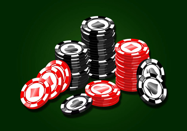 Rojo y negro fichas de juego de poker vector conjunto. Casino fichas monedas con símbolos de cartas, corazones, picas, clubes, diamantes. - Vector, imagen
